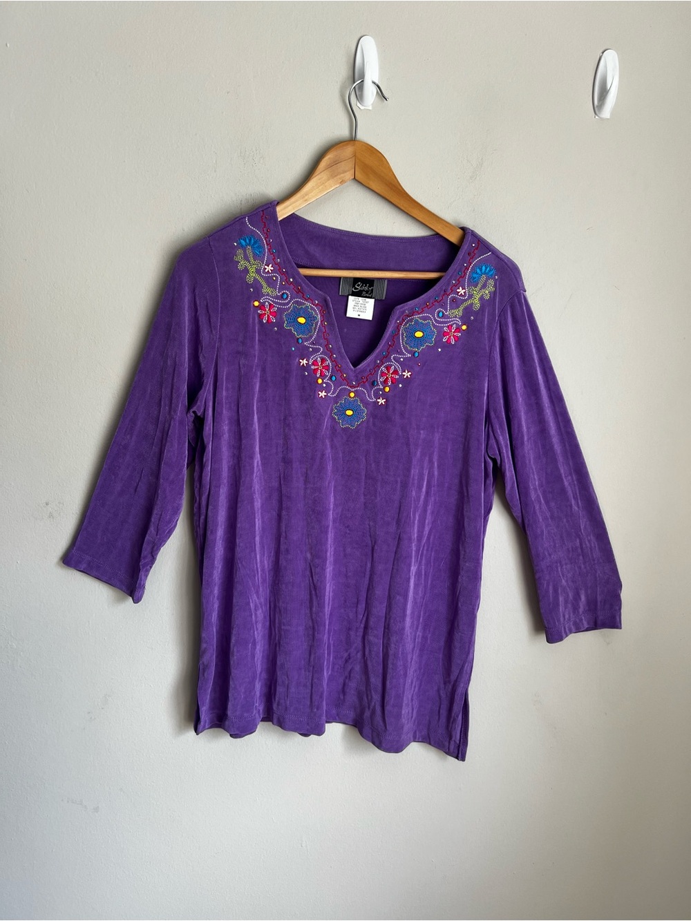Slinky Brand Purple Embroidered V-Neck Long Sleeve Top